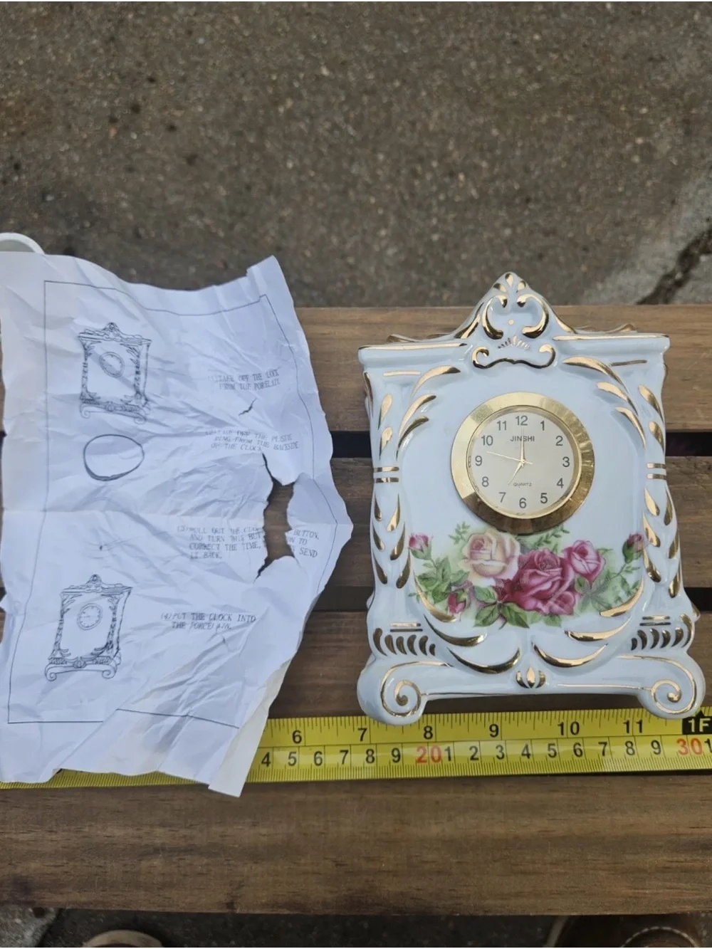 Vintage Porcelain Rose Mantel Clock | Gold Gilt | Quartz Shelf Clock